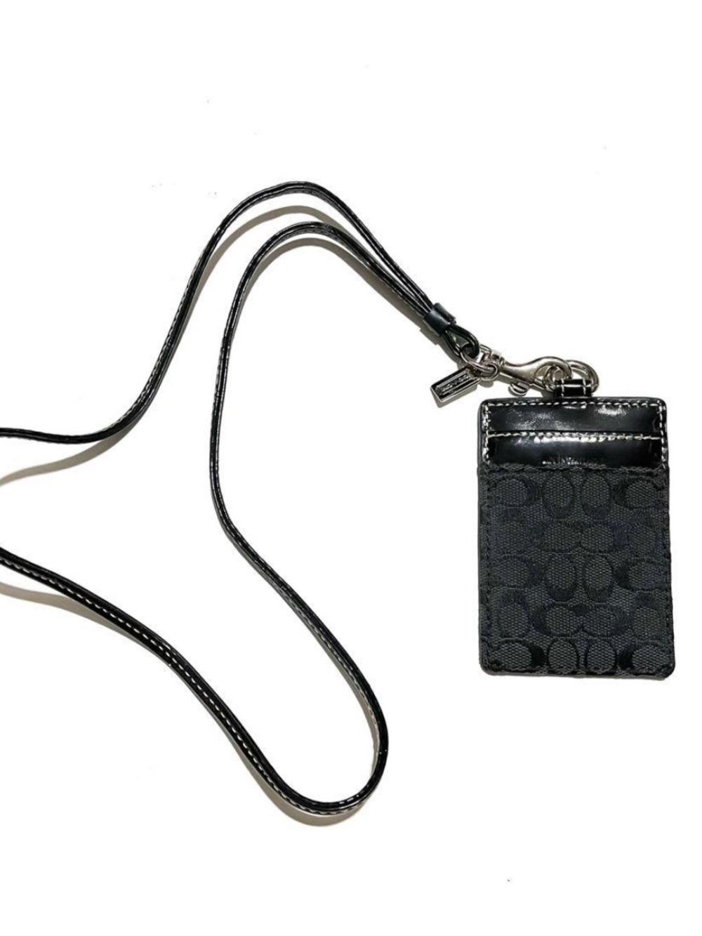 New Coach ID Cardholder Wallet Lanyard Signature Monogram Canvas Leather Black